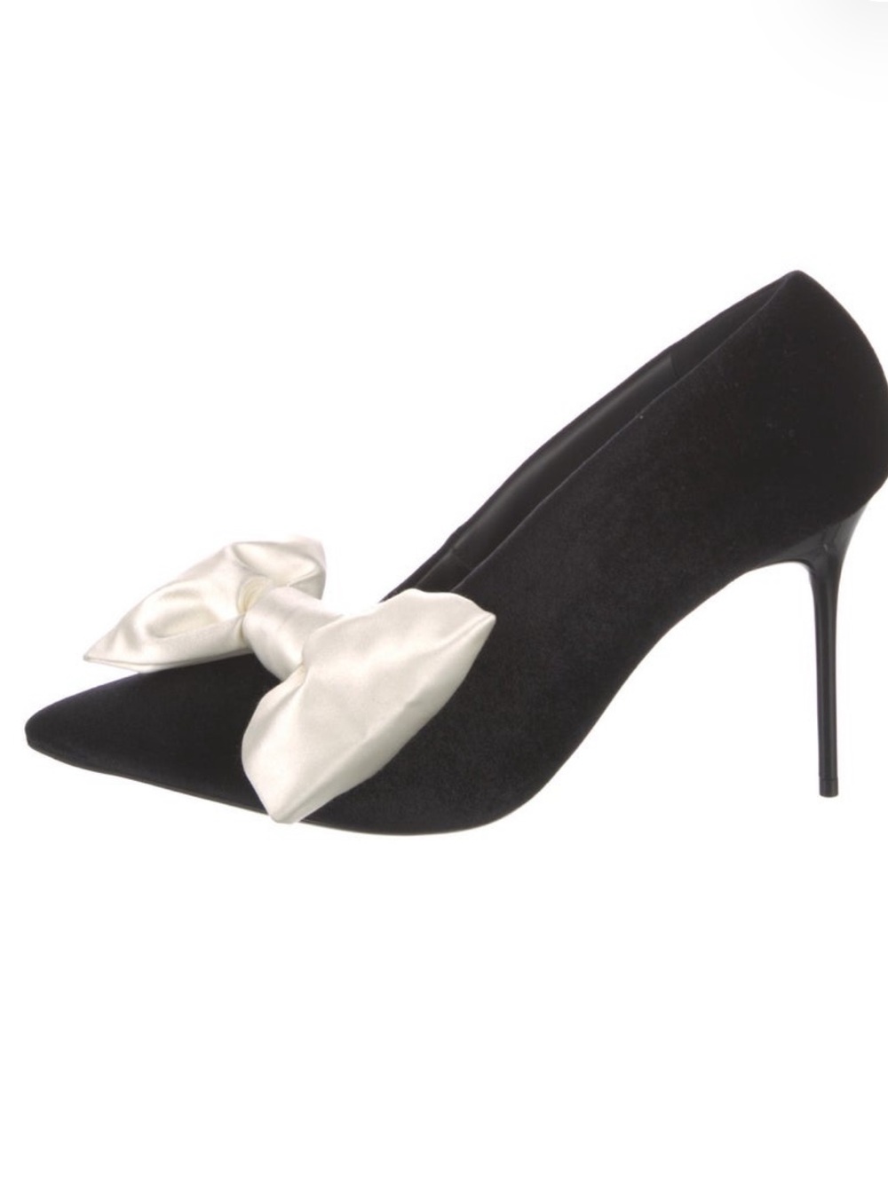 Balmain Black Satin Pointed Pumps with Ivory Bow